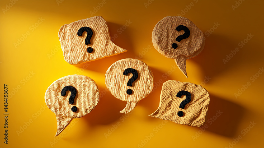 Poster five textured yellow speech bubbles, each displaying a black question mark, arranged on a yellow bac
