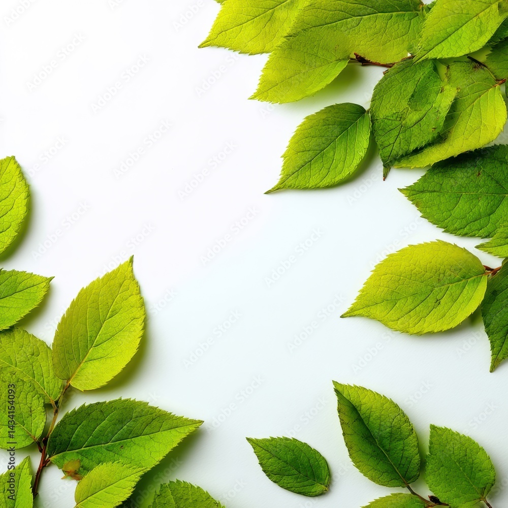 Poster fresh green leaves on white backdrop creating natural frame perfect for spring summer designs and in