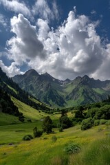 Fototapeta premium Majestic mountain range under a cloudy sky with a lush green valley and vibrant wildflowers in the foreground capturing the serene beauty of nature