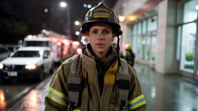 Portrait of a female firefighter in uniform during a night emergency response, standing confidently in front of fire trucks on a wet city street &ndash; Generative AI