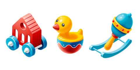 cutout set of 3 colorful classic toddler or baby toys isolated on transparent background .PNG