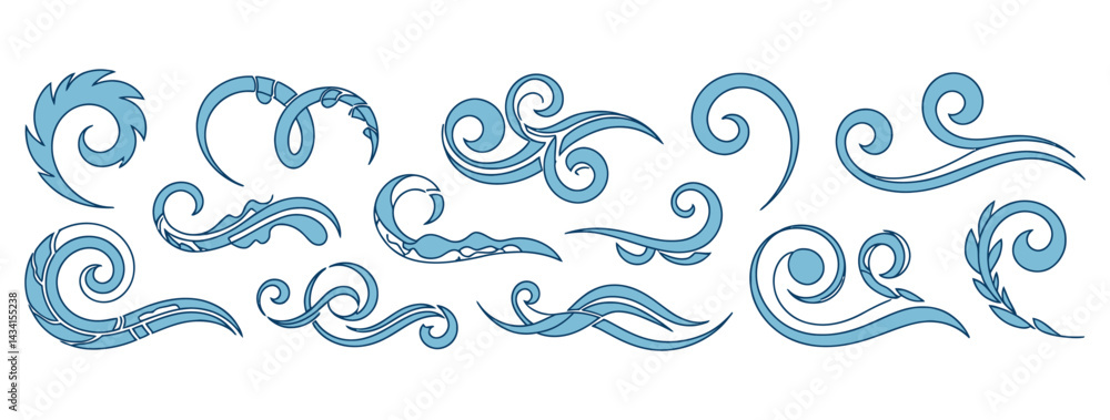 Poster elegant swirl collection blue decorative elements for design and decoration in seamless vector forma