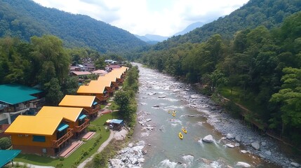 Mountain river resort rafting aerial view