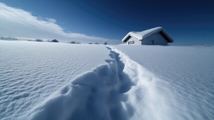 Snowy path leading to a mountain house under a vibrant blue sky