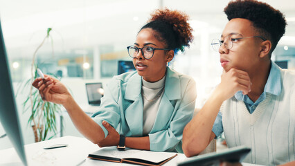 Computer, planning and team with business people in office for gaming developer, programming update...