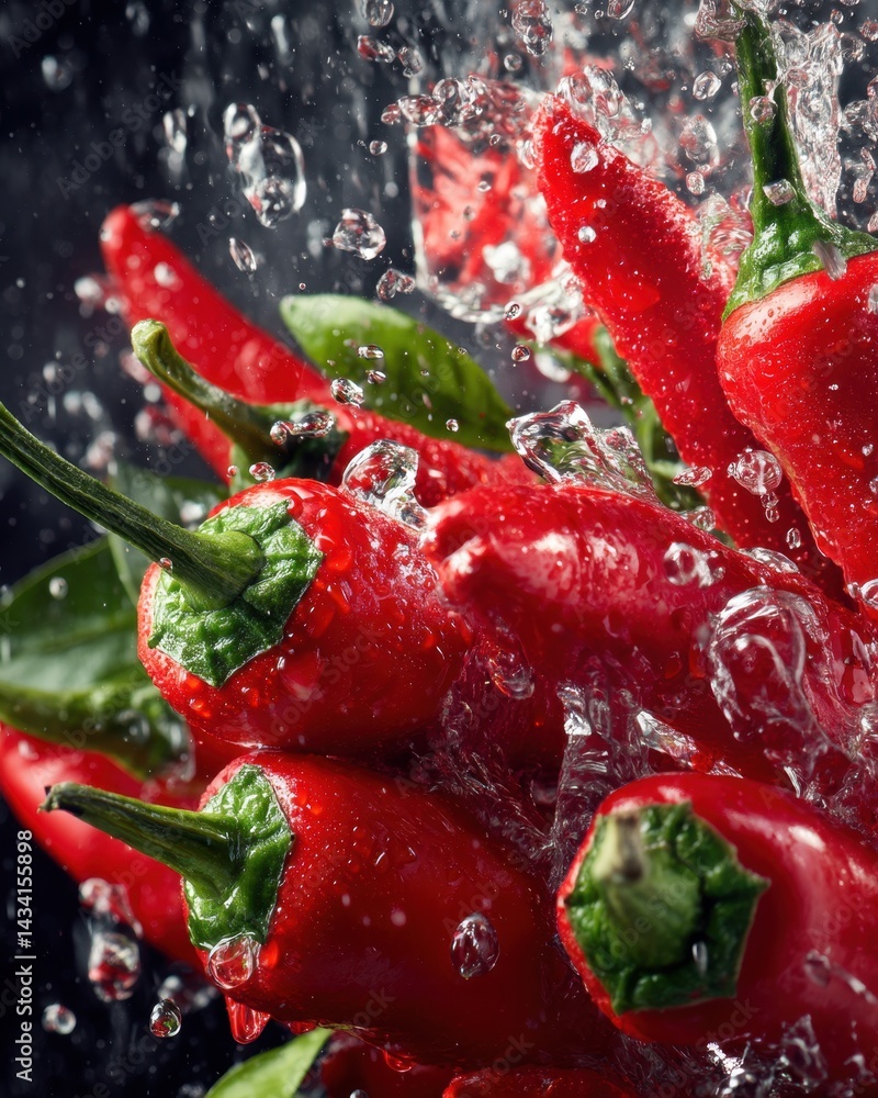 Poster vibrant red chili peppers cascade under a refreshing shower of water droplets against a dark backdro
