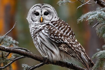 Close-up portrait of a barred owl perched on a branch.