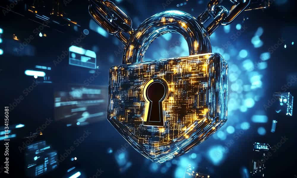 Poster futuristic security padlock amidst flowing digital data stream in cyber network