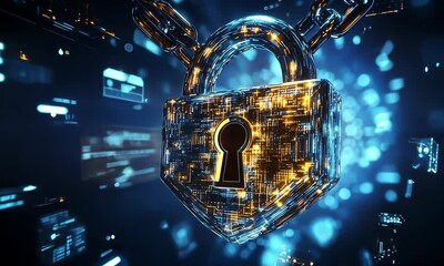 Futuristic security padlock amidst flowing digital data stream in cyber network - Powered by Adobe