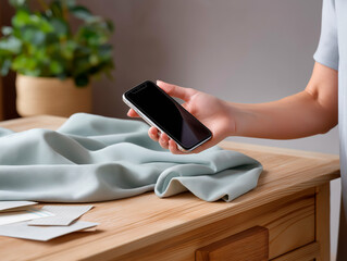 Fototapeta premium Hand holding smartphone above wooden table with soft fabric and stationery items, showcasing modern technology and lifestyle concept