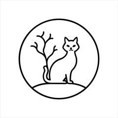 Cat and Tree Logo Design Line Art Vector Illustration