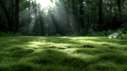 Obraz premium Sunlight filtering through forest canopy onto mossy ground
