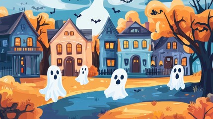 Halloween night scene with ghosts, bats, houses, and trees. Vector illustration for Halloween concept.
