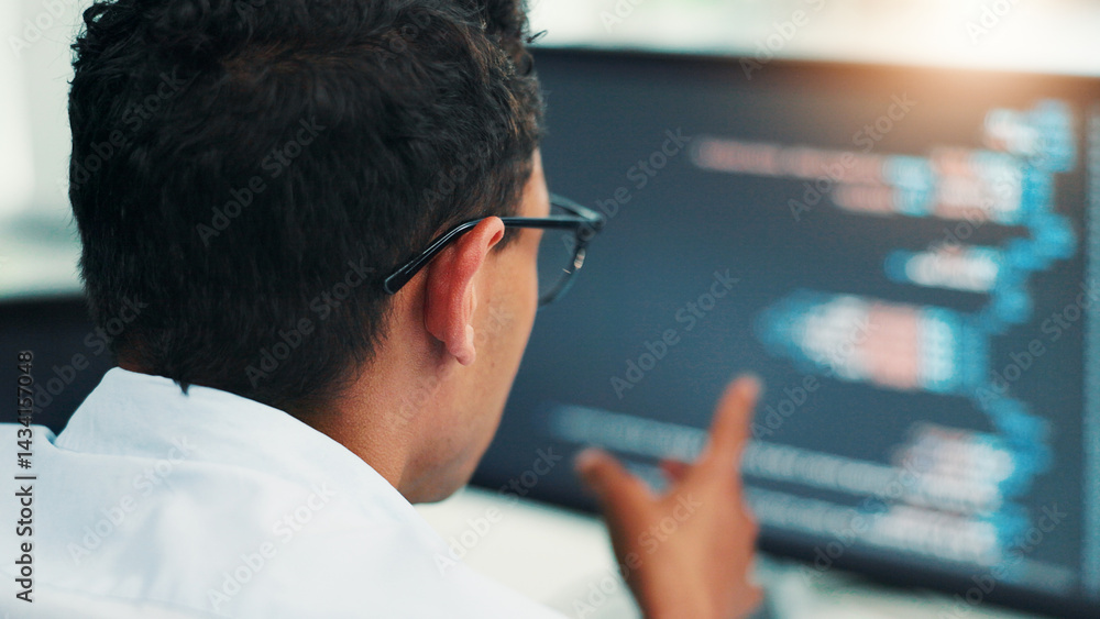 Aufkleber Back, computer screen and man in office, coding research and it support with cyber security update. Person, programmer and employee in workplace, pc and building software with developer or web design