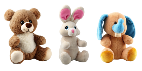 cutout set of 3 stuffed animal toys isolated on transparent background PNG
