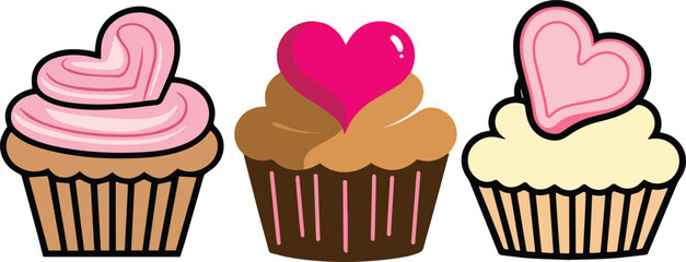 Three Valentine's Day Cupcakes with Heart Toppings Vector Illustration