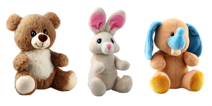 cutout set of 3 stuffed animal toys isolated on transparent background PNG