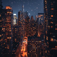 Abstract view of glowing city buildings against a moody blue sky