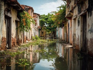 Serene waterway reflecting weathered buildings and lush foliage in a forgotten tropical town capturing the essence of decay and natural beauty with a low angle view