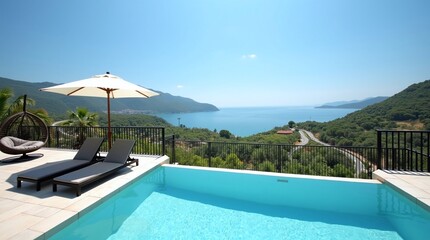 Modern Luxury Infinity Pool with Stunning Mountain and Water View