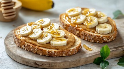 Two slices of toast topped with peanut butter, banana slices, and honey.