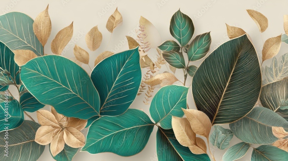 Poster elegant botanical arrangement featuring emerald green and golden leaves on a soft beige background c