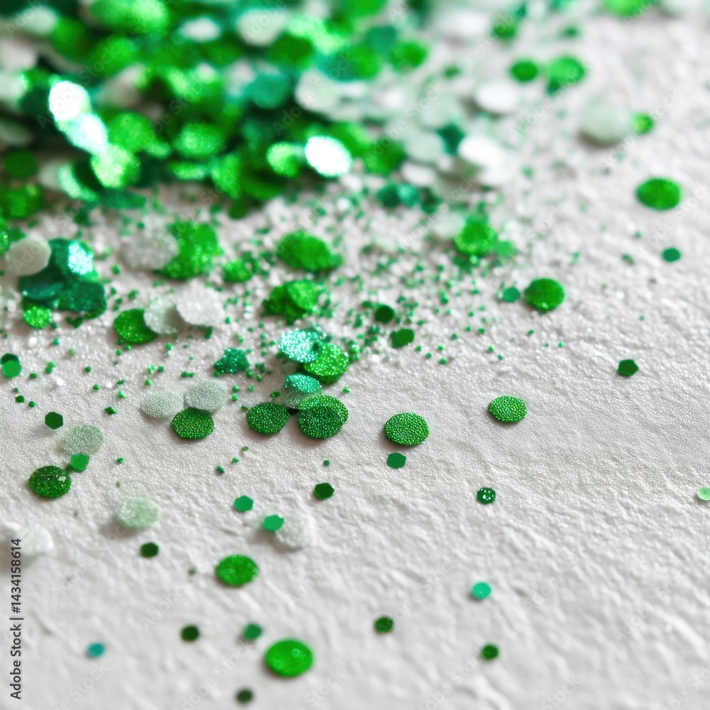 Poster emerald green glitter confetti on textured white surface creating a sparkling festive background clo