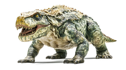 Obraz premium A lizard is shown in a white background. The lizard is brown and yellow and has a long tail