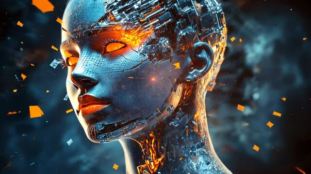 Fractured, metallic, female robot head, glowing