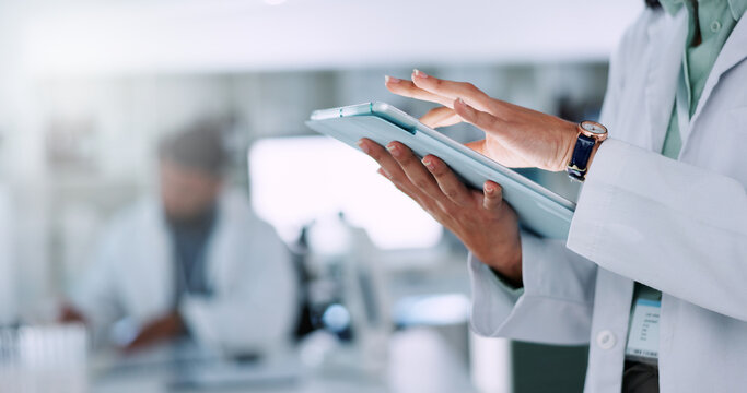 Person, hands and scientist with tablet for results, medical research or new data study at laboratory. Closeup, science or checklist with technology for digital innovation or scientific development