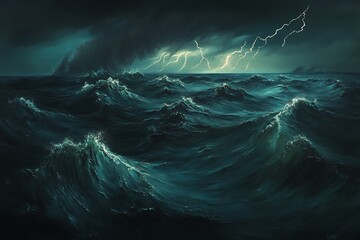 A dark, turbulent ocean painting with streaks of lightning illuminating jagged waves.