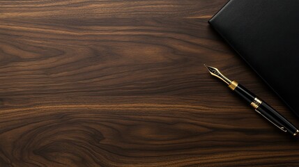 Dark wood desk, notebook, pen, top view, planning
