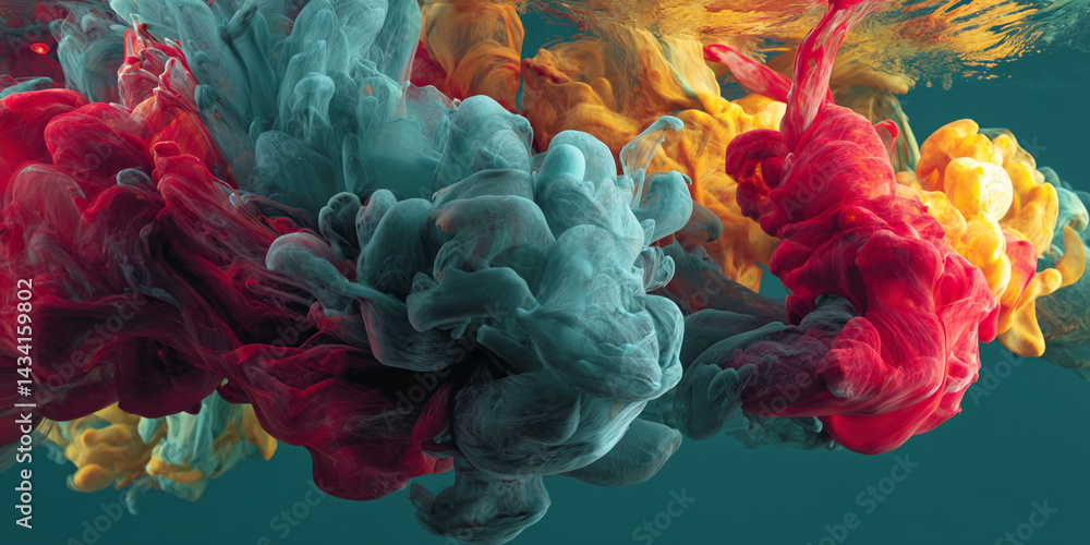 Aufkleber Abstract image of teal, red, and yellow ink swirling underwater, creating a dynamic and colorful composition, showcasing fluidity and vibrant hues