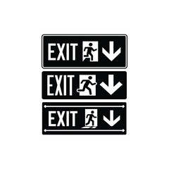 Emergency Exit Sign Vector Set – Black and White Running Man Directional Icons with Arrows – Safety Evacuation Symbols for Buildings, Public Spaces, Fire Drill Guidelines, and Emergency Wayfinding Des