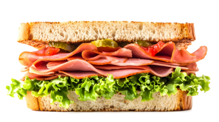 A sandwich with meat and lettuce on a white background. The sandwich is cut in half and he is very large