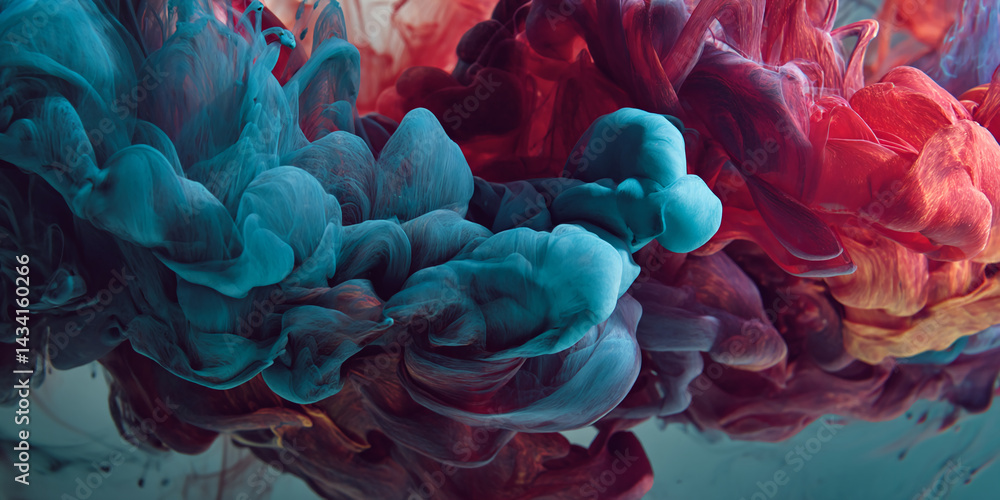 Aufkleber abstract image of teal and red ink swirling in water, creating a dynamic, flowing texture. represent