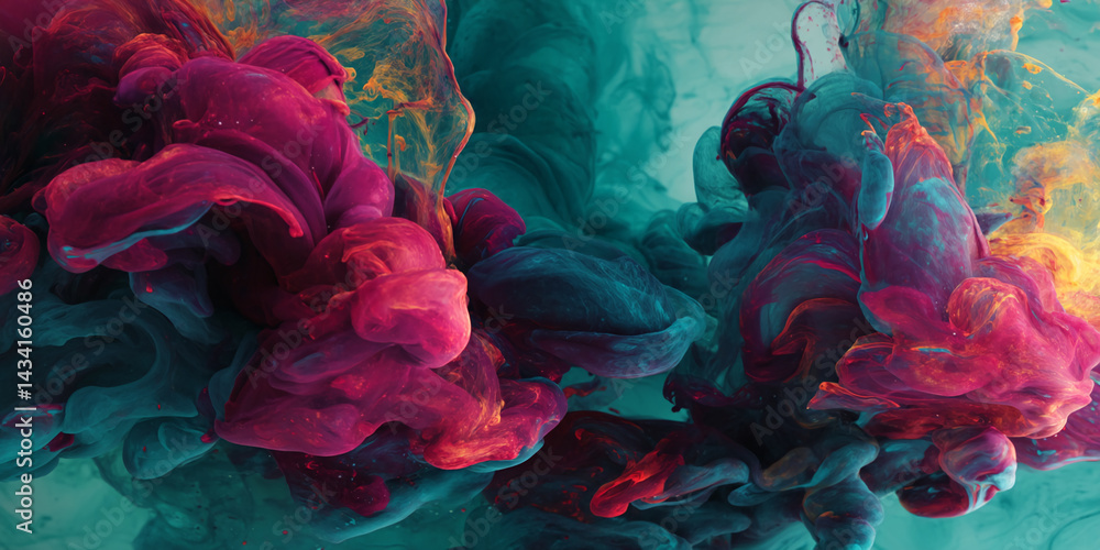 Poster abstract image of swirling teal, crimson, and gold inks in water, creating a dynamic, vibrant compos