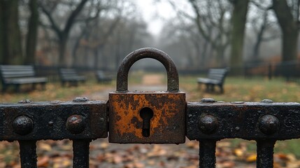 Rusty padlock on a park gate in autumn