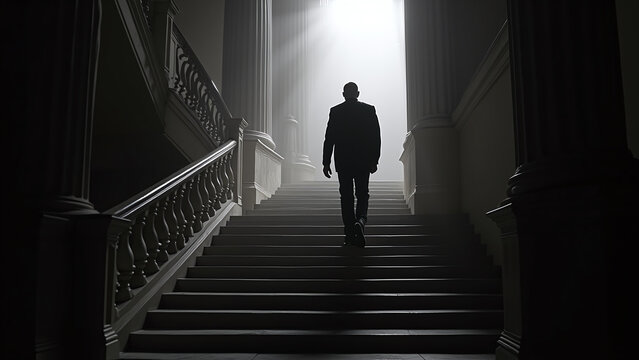 Man Walking Up Staircase with Columns