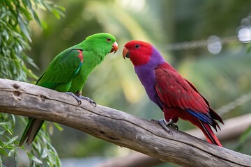 A photograph of a male green and female red Eclectus parrot perched together on a tree branch.