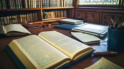 Obraz premium Library desk, open books, research, sunlight, study