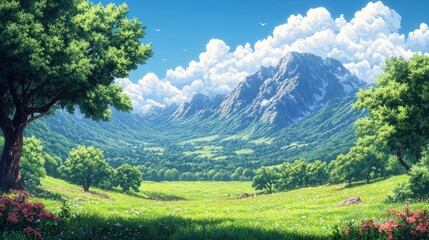 Obraz premium Sunny valley with towering mountains and lush greenery