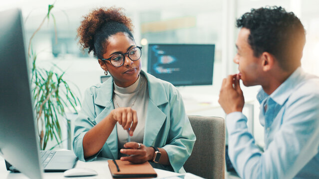 Meeting, discussion and business people in office talking for strategy, planning and proposal. Corporate workers, professional and man and woman with notes for project, collaboration and feedback