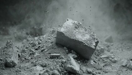 A large, grey rock sits on a bed of smaller rocks and dust, with smoke rising from the surface