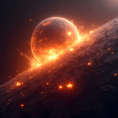 Fototapeta premium Fiery Planet Explosion in Outer Space with Glowing Solar Flares