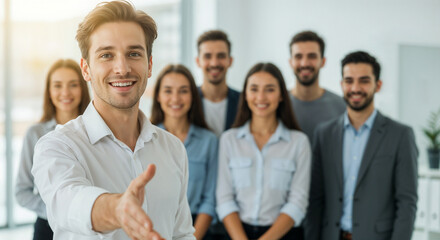 Fototapeta premium Friendly business team leader extending a hand for a handshake, surrounded by supportive colleagues, reflecting collaboration and professional teamwork in a modern corporate environment.