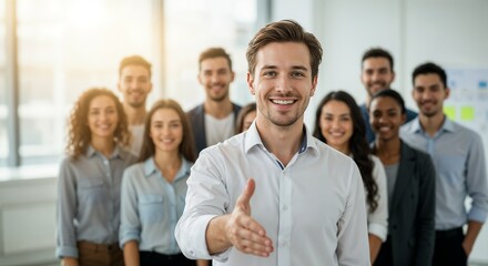 Friendly business team leader extending a hand for a handshake, surrounded by supportive colleagues, reflecting collaboration and professional teamwork in a modern corporate environment.

