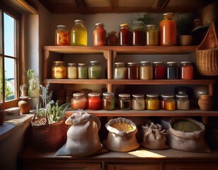 Traditionelle Vorratskammer mit Einmachgl&auml;sern und Vorr&auml;ten