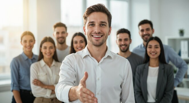 Friendly business team leader extending a hand for a handshake, surrounded by supportive colleagues, reflecting collaboration and professional teamwork in a modern corporate environment.

