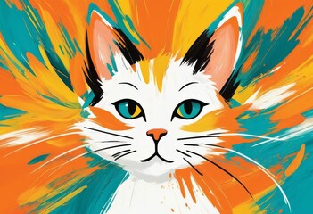 Obraz premium Charming cat portrait explodes with color, featuring a mix of teal, orange, and yellow